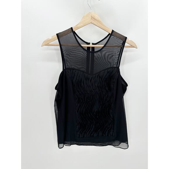 Cache Top Women MEDIUM Black Sheer Upper Exposed Back Zip Sleeveless Tank Blouse - Picture 6 of 6